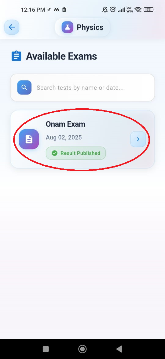 Available Exams Screen